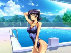 Rule 34 | 1girl, ano machi no koi no uta, arched back, arm up, armpits, black hair, breasts, chain-link fence, cleavage, cloud, competition swimsuit, covered erect nipples, cowboy shot, day, fence, from side, game cg, kamishima tomoko, kimura takahiro, large breasts, leaning forward, looking at viewer, mountain, non-web source, one-piece swimsuit, orange eyes, outdoors, p-factory, pool, pool ladder, poolside, short hair, skin tight, sky, smile, solo, sparkle, stretching, swimsuit, tachi-e, tan, tree, water