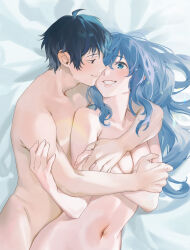 Rule 34 | 1boy, 1girl, :d, absurdres, bed sheet, black eyes, black hair, blue eyes, blue hair, blush, breasts, cleavage, closed mouth, collarbone, commission, completely nude, couple, eye contact, from above, grin, highres, hug, hug from behind, jaku-chara tomozaki-kun, long hair, looking at another, lying, medium breasts, nanami minami, navel, nude, on back, on bed, open mouth, parted lips, pixiv commission, short hair, smile, sunao (souis), tomozaki fumiya, upper body