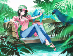 Rule 34 | 1girl, bird, black hair, blue pants, blurry, blurry foreground, commentary request, couch, denim, earrings, feet, floral print, fog, forest, green footwear, grey eyes, hat, jeans, jewelry, legs, looking at viewer, medium hair, mole, mole under eye, nail polish, nature, navel, off-shoulder shirt, off shoulder, on couch, open mouth, original, outstretched arm, pants, parrot, pillow, pink eyes, pink shirt, print shirt, sandals, shirt, sitting, smile, tile floor, tiles, tiv, toenail polish, toenails, toes, tree, water