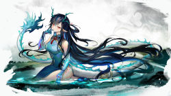 Rule 34 | 1girl, absurdres, arknights, bare shoulders, barefoot, black hair, blue hair, breasts, china dress, chinese clothes, dragon tail, dress, dusk (arknights), earrings, highres, horns, huangbanmimi, jewelry, long hair, pointy ears, red eyes, seiza, sitting, solo, tail, very long hair, wading