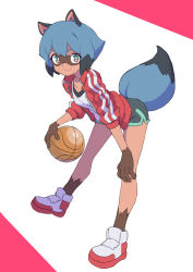 Rule 34 | 1girl, animal ears, bag, ball, basketball, basketball (object), black shorts, blue hair, brand new animal, bright pupils, claws, closed mouth, commentary, dolphin shorts, double vertical stripe, full body, furry, furry female, gazacy (dai), hand on own knee, highres, holding, holding bag, jacket, kagemori michiru, leaning forward, long sleeves, looking at viewer, no socks, open clothes, open jacket, raccoon ears, raccoon girl, raccoon tail, red eyes, red jacket, shirt, shoes, short hair, short shorts, shorts, smile, solo, standing, tail, track jacket, white background, white footwear, white pupils, white shirt