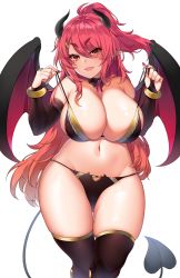 Rule 34 | 1girl, absurdres, bare shoulders, bikini, black thighhighs, blush, bracelet, breasts, brown thighhighs, cleavage, commentary request, curvy, demon girl, demon tail, demon wings, detached collar, elbow gloves, fingerless gloves, gloves, gluteal fold, hands up, highres, horns, huge breasts, jewelry, long hair, looking at viewer, nail polish, navel, open mouth, original, pointy ears, ponytail, red hair, red nails, skindentation, smile, solo, string bikini, suruga (xsurugax), swimsuit, tail, thighhighs, tongue, white background, wide hips, wings