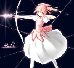 Rule 34 | 10s, 1girl, absurdres, aiming, arrow (projectile), bow (weapon), choker, drawing bow, highres, holding, holding bow (weapon), holding weapon, kaname madoka, light smile, magical girl, mahou shoujo madoka magica, mahou shoujo madoka magica (anime), no gloves, phantania, pink eyes, pink hair, puffy sleeves, short hair, solo, tears, twintails, weapon