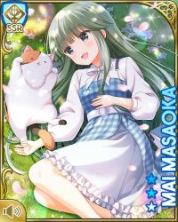 Rule 34 | 1girl, blue dress, bow, card (medium), cat, checkered clothes, checkered dress, day, dress, fence, girlfriend (kari), grey eyes, lying, long hair, looking at animal, looking at viewer, masaoka mai, official art, on ground, open mouth, outdoors, qp:flapper, shirt, smile, solo focus, tagme, white bow, white shirt, wooden fence