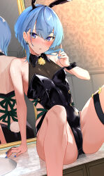 Rule 34 | 1girl, animal ears, bare shoulders, blue eyes, blue hair, blush, bow, breasts, cameltoe, cleavage, detached collar, earrings, fake animal ears, hcz n, highres, hololive, hoshimachi suisei, jewelry, leotard, looking at viewer, medium hair, mirror, nail polish, parted lips, playboy bunny, rabbit ears, rabbit tail, see-through, see-through cleavage, small breasts, solo, star (symbol), star in eye, strapless, strapless leotard, sweat, symbol in eye, tail, thigh strap, thighs, virtual youtuber, wrist cuffs