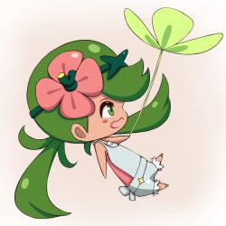 Rule 34 | 1girl, asairosora, blush, blush stickers, chibi, clover, creatures (company), female focus, flat chest, flower, game freak, green eyes, green hair, green hairband, grey overalls, hair flower, hair ornament, hairband, happy, holding, holding clover, long hair, mallow (pokemon), matching hair/eyes, nintendo, open mouth, overalls, pink flower, pink shirt, pokemon, pokemon sm, profile, shirt, sideways mouth, simple background, smile, solo, strapless, strapless shirt, swept bangs, twintails