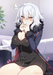 Rule 34 | 1girl, ahoge, bed, bed frame, bed sheet, bedroom, black dress, blue coat, blush, breast press, breasts, cleavage, coat, dress, embarrassed, fate/grand order, fate (series), fur-trimmed coat, fur-trimmed sleeves, fur trim, headboard, highres, indoors, jeanne d&#039;arc (fate), jeanne d&#039;arc alter (fate), jeanne d&#039;arc alter (ver. shinjuku 1999) (fate), large breasts, long sleeves, official alternate costume, open clothes, open coat, pillow, plant, puuzaki puuna, short dress, short hair, smelling, solo, steam, tissue, trash can, used tissue, wicked dragon witch ver. shinjuku 1999, yellow eyes