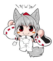 Rule 34 | 1girl, :3, animal ears, byourou, chibi, detached sleeves, emoticon, hat, inubashiri momiji, red eyes, short hair, silver hair, simple background, solo, tail, tokin hat, touhou, white background, wolf ears, wolf tail