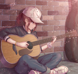 Rule 34 | 1girl, acoustic guitar, against wall, baseball cap, black shirt, blush, brick wall, brown eyes, brown hair, closed mouth, commentary request, denim, guitar, guitar case, hat, hirokazu (analysis-depth), indian style, instrument, instrument case, jeans, looking at viewer, music, on floor, original, pants, playing instrument, ponytail, scrunchie, shirt, shoes, short hair, sidelocks, sitting, smile, sneakers, solo, stone floor, white footwear, white hat, wrist scrunchie, wristband