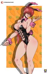 Rule 34 | 1girl, absurdres, animal ears, breasts, carrot, carrot background, cleavage, detached collar, hair over eyes, highres, kyoffie, large breasts, leotard, playboy bunny, rabbit ears, red hair, shermie (kof), solo, the king of fighters, wrist cuffs