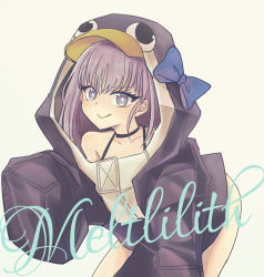Rule 34 | 1girl, :q, animal costume, animal hood, aqua background, bikini, bikini under clothes, black bikini, blue bow, bow, character name, commentary request, fate/grand order, fate (series), hood, hoodie, long hair, looking at viewer, meltryllis, meltryllis (fate), meltryllis (swimsuit lancer) (fate), meltryllis (swimsuit lancer) (first ascension) (fate), penguin costume, penguin hood, purple eyes, purple hair, shino chiyo, sleeves past fingers, sleeves past wrists, solo, swimsuit, thighs, tongue, tongue out