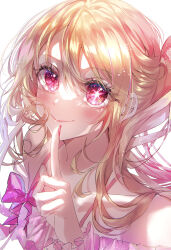 Rule 34 | 1girl, absurdres, bare shoulders, blonde hair, blush, closed mouth, collarbone, commentary request, dress, finger to mouth, frills, highres, hoshino ruby, idol, long hair, oshi no ko, pinapo 25, pink dress, red eyes, red nails, smile, solo, star (symbol), star in eye, symbol in eye