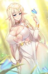 Rule 34 | 1girl, absurdres, blonde hair, blue butterfly, blue eyes, blurry, blurry background, breasts, bridal gauntlets, bug, butterfly, cleavage, day, dress, elf, highres, bug, large breasts, light rays, long hair, original, pointy ears, rheez, solo, wading, water, white dress