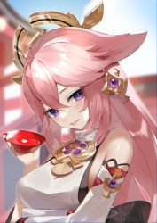 Rule 34 | 1girl, absurdres, alcohol, animal ears, blurry, blurry background, breasts, cup, detached sleeves, fox ears, genshin impact, hair between eyes, hair ornament, highres, holding, holding cup, japanese clothes, lips, long hair, looking at viewer, medium breasts, nontraditional miko, petals, pink hair, priestess, purple eyes, reirou (chokoonnpu), sakazuki, solo, upper body, yae miko