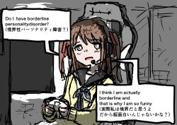 Rule 34 | absurdres, blue ribbon, brown hair, cardigan, chair, controller, english text, game controller, gaming chair, grey eyes, hair ribbon, headset, highres, indie virtual youtuber, livestream, momose hiyori, neuro-sama, playing games, ribbon, speech bubble, swivel chair, television, translated, twintails, user azwv5373, virtual youtuber, yellow cardigan