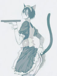 Rule 34 | 1boy, alternate hairstyle, animal ears, ass, black hair, cat boy, cat ears, cat tail, crossdressing, facial mark, maid, male focus, monochrome, one-punch man, onsoku no sonic, solo, tail, trap, white background, zura (2110702)
