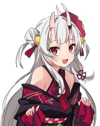 Rule 34 | 1girl, bell, double bun, fang, grey hair, hair bell, hair bun, hair ornament, hibimegane, hololive, horns, japanese clothes, long hair, looking at viewer, mask, mask on head, multicolored hair, nakiri ayame, nakiri ayame (1st costume), obi, oni mask, open mouth, red eyes, sash, simple background, skin-covered horns, solo, two side up, very long hair, virtual youtuber, white background