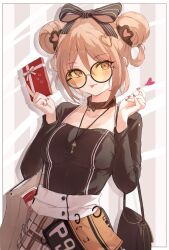 Rule 34 | 1girl, :p, bag, black shirt, bow, box, breasts, brown eyes, brown hair, closed mouth, collar, collarbone, commission, double bun, girls&#039; frontline, hair bow, hair bun, hair ornament, handbag, hands up, heart, highres, holding, holding box, jewelry, key, key necklace, long sleeves, looking at viewer, medium breasts, medium hair, nail polish, necklace, orange-tinted eyewear, p90 (girls&#039; frontline), pink nails, pixiv commission, plaid, plaid skirt, round eyewear, shirt, shopping bag, skirt, solo, striped bow, tinted eyewear, tongue, tongue out, yoyopipa