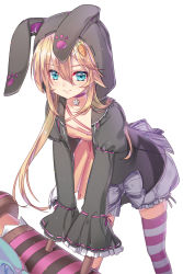 Rule 34 | 1boy, animal ears, animal hood, aqua eyes, black jacket, blonde hair, bloomers, blue eyes, blush, bow, carrot hair ornament, choker, chung seiker, closed mouth, colored eyelashes, criss-cross halter, downblouse, elsword, eyebrows, fake animal ears, flower, food-themed hair ornament, frills, grey bow, hair between eyes, hair ornament, hairclip, halterneck, holding, hood, hooded jacket, jacket, leaning forward, legs apart, light particles, long hair, long sleeves, looking at viewer, male focus, open clothes, open jacket, paw print, purple bloomers, purple ribbon, rabbit ears, rabbit hood, ribbon, ribbon-trimmed sleeves, ribbon trim, smile, solo, standing, striped clothes, striped thighhighs, thighhighs, trap, underwear, very long hair, wataru kuri, white background, wide sleeves