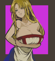 Rule 34 | 1girl, arc the lad, arc the lad ii, bare shoulders, blonde hair, blush, breasts, cleavage, closed mouth, commentary request, dress, hair down, hakushin, large breasts, lieza (arc the lad), long hair, solo, very long hair