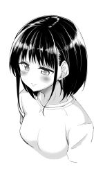 Rule 34 | 1girl, akino sora, blush, breasts, closed mouth, commentary request, copyright request, greyscale, highres, medium breasts, monochrome, monochrome, shirt, short hair, short sleeves, sidelocks, simple background, smile, solo, upper body, white background