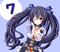 Rule 34 | 10s, 1girl, 7-tan, bare shoulders, black hair, blush, breasts, cleavage, hair ornament, long hair, looking at viewer, neptune (series), noire (neptunia), one eye closed, red eyes, smile, solo, taka (suigendou), tongue, tongue out, twintails