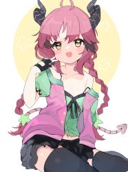 Rule 34 | absurdres, black shirt, black thighhighs, braid, commission, demon girl, demon tail, fang, gloves, green shirt, highres, horns, jacket, original, pink hair, pink jacket, shirt, skeb commission, smug, solo, tail, thighhighs, thighs, yellow eyes, zeru (wisel army)