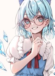 Rule 34 | 1girl, bespectacled, blue dress, blue eyes, blue hair, blush, bow, cirno, cirno day, collared shirt, detached wings, dress, fairy, frilled shirt collar, frills, glasses, grin, hair between eyes, hair bow, highres, ice, ice wings, looking at viewer, red-framed eyewear, round eyewear, shirt, short hair, short sleeves, simple background, smile, solo, touhou, upper body, white background, white shirt, wings, yuineko
