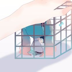 Rule 34 | 1girl, aqua hair, bare shoulders, black legwear, black skirt, black sleeves, cage, chibi, commentary, detached sleeves, eighth note, from behind, fuyuzuki gato, grey shirt, hair ornament, hatsune miku, highres, holding, holding cage, long hair, master (vocaloid), musical note, out of frame, outstretched arms, seiza, shadow, shirt, sitting, skirt, sleeveless, sleeveless shirt, trapped, twintails, twitter username, very long hair, vocaloid, white background
