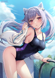 Rule 34 | 1girl, alternate costume, arched back, bare shoulders, black one-piece swimsuit, blush, breasts, cleavage, collarbone, competition swimsuit, day, diamond-shaped pupils, diamond (shape), double bun, genshin impact, hair bun, hair ornament, highres, jacket, keqing (genshin impact), large breasts, long hair, long sleeves, looking at viewer, off shoulder, one-piece swimsuit, open clothes, open jacket, outdoors, parted lips, ponnyu12, purple eyes, purple hair, solo, swimsuit, symbol-shaped pupils, thighs, twintails, white jacket