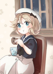 Rule 34 | ane hoshimaru, black neckwear, blonde hair, blue eyes, blue sailor collar, chair, cup, dress, food, hat, highres, holding, holding cup, holding food, janus (kancolle), kantai collection, left-handed, night, night sky, parted bangs, sailor collar, sailor dress, sailor hat, sitting, sky, star (sky), wallpaper (object), white dress, white headwear, window