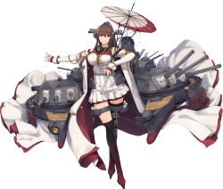 Rule 34 | 1girl, black thighhighs, boots, breasts, brown hair, cherry blossoms, clothing cutout, coat, coat on shoulders, collar, full body, gradient footwear, hair intakes, headgear, highres, holding, holding umbrella, kantai collection, large breasts, long hair, machinery, metal collar, official art, oil-paper umbrella, ponytail, red umbrella, shizuma yoshinori, shoulder cutout, sleeveless, sleeveless coat, solo, thigh boots, thighhighs, transparent background, turret, umbrella, white coat, yamato (kancolle), yamato kai ni (kancolle)