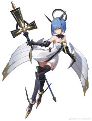Rule 34 | 1girl, absurdres, armor, artist name, azur lane, black thighhighs, blunt bangs, breasts, detached collar, dress, duan zhu, elbow gloves, expressionless, full body, gascogne (azur lane), gauntlets, gloves, greaves, halo, headgear, highres, mechanical halo, medium breasts, see-through silhouette, short dress, short hair, simple background, solo, staff, thighhighs, weibo watermark, white background, white dress, yellow eyes