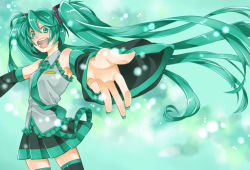 Rule 34 | 1girl, bad id, bad pixiv id, detached sleeves, floating hair, foreshortening, green eyes, green hair, hatsune miku, headset, long hair, matching hair/eyes, necktie, open mouth, outstretched arms, ran (ran 0605), skirt, solo, spread arms, thighhighs, twintails, very long hair, vocaloid