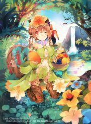 Rule 34 | 1girl, animal, animal on shoulder, bare shoulders, basket, bird, bird on shoulder, blue sky, breasts, brown hair, brown thighhighs, day, detached sleeves, double bun, dress, elf, flower, food, forest, fruit, green dress, hair bun, hair flower, hair ornament, hair rings, kirero, kneeling, large breasts, last chronicle, midriff, nature, navel, one eye closed, original, pointy ears, revealing clothes, sky, smile, solo, thighhighs, water, waterfall