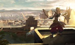 Rule 34 | 1boy, aora, axe, bird, blonde hair, bridge, city, city below, fate/grand order, fate (series), from behind, gilgamesh, gilgamesh (caster) (fate), gilgamesh (fate), middle eastern architecture, pants, river, scenery, shoulder tattoo, signature, solo, sun, tattoo, tree, weapon