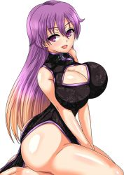 Rule 34 | &gt;:d, 1girl, :d, alternate costume, ass, bare shoulders, black dress, blonde hair, blush, breasts, china dress, chinese clothes, cleavage, cleavage cutout, clothing cutout, dress, gradient hair, highres, hijiri byakuren, huge breasts, large breasts, long hair, looking at viewer, multicolored hair, n (dai n honpo), one-hour drawing challenge, open mouth, pelvic curtain, purple eyes, purple hair, seiza, shiny skin, sitting, sleeveless, sleeveless dress, smile, solo, thighs, touhou, two-tone hair, v-shaped eyebrows, v arms