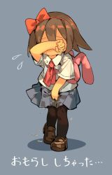 Rule 34 | 1girl, animal bag, arm up, ascot, backpack, bag, between legs, black pantyhose, blue background, blue skirt, blush, bow, brown footwear, brown hair, cloneko (zelmeledf2), covering face, crying, embarrassed, female focus, flying sweatdrops, full body, hair bow, hair ornament, hairband, hand between legs, have to pee, no mouth, pantyhose, pee, peeing, peeing self, pleated skirt, protagonist (yomawari), rabbit bag, red ascot, red bow, shirt, shoes, short hair, short sleeves, simple background, skirt, solo, standing, tears, text focus, translated, wet, wet clothes, white shirt, wiping tears, yomawari, yomawari (series)