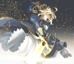 Rule 34 | 1girl, armor, armored dress, artoria pendragon (fate), blonde hair, excalibur (fate/stay night), fate/stay night, fate/zero, fate (series), gauntlets, glowing, glowing weapon, green eyes, hair ribbon, light particles, open mouth, puffy sleeves, ribbon, saber (fate), sharakuryousuke, shouting, solo, sword, weapon
