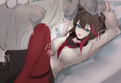 Rule 34 | 2girls, animal ears, ao oni (onioni-aoi), arknights, arm grab, arms up, bear ears, bear girl, bear tail, black pantyhose, blue eyes, breasts, brown hair, cardigan, clothing cutout, dress, grey cardigan, grey dress, grey hair, highres, knees up, large breasts, long sleeves, lying, medium breasts, motion lines, multicolored hair, multiple girls, neckerchief, on back, pantyhose, red hair, red neckerchief, red pantyhose, rosa (arknights), school uniform, solo focus, streaked hair, tail, tail through clothes, thighband pantyhose, translation request, two-tone hair, v-shaped eyebrows, yuri, zima (arknights)