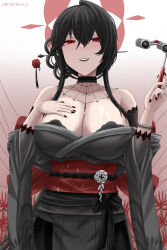 Rule 34 | 1girl, archstreal, bare shoulders, black kimono, black nails, blue archive, blush, breasts, gradient background, hair ornament, halo, hand on own chest, highres, holding, japanese clothes, kimono, kokuriko (blue archive), large breasts, long hair, long sleeves, looking at viewer, nail polish, off shoulder, parted lips, red background, red eyes, red halo, sash, smile, solo