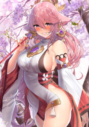 Rule 34 | 1girl, animal ears, arm at side, bare shoulders, blurry, blush, breasts, cherry blossoms, commentary request, cowboy shot, day, depth of field, detached sleeves, earrings, floating hair, floppy ears, flower, fox ears, genshin impact, gohei, grin, hair between eyes, hair ornament, hand up, highres, holding, holding gohei, jewelry, kawai (purplrpouni), large breasts, long bangs, long hair, long sleeves, looking at viewer, low-tied long hair, no panties, nontraditional miko, outdoors, pink flower, pink hair, ribbon trim, shirt, sideboob, sidelocks, sleeveless, sleeveless shirt, smile, solo, tassel, thighs, tree, turtleneck, very long hair, white shirt, white sleeves, wide sleeves, yae miko