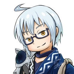 Rule 34 | 1boy, ahoge, chamaji, close-up, collar, commentary, glasses, hair between eyes, head tilt, japanese clothes, looking at viewer, lowres, morichika rinnosuke, non-humanoid robot, profile picture, robot, robot animal, robot dog, semi-rimless eyewear, short hair, signature, simple background, smile, solo, strap, touhou, upper body, white background, white hair, yellow eyes