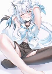 Rule 34 | 1girl, absurdres, detached sleeves, feet, green eyes, hachi kyu shiki, highres, hololive, long hair, looking at viewer, one eye closed, shirakami fubuki, simple background, smile, solo, virtual youtuber, white hair