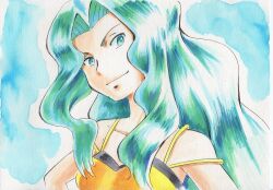 Rule 34 | 1girl, bare arms, bare shoulders, blue eyes, blue hair, breasts, camisole, collarbone, creatures (company), game freak, iwane masaaki, karen (pokemon), light blue hair, long hair, medium breasts, nintendo, parted bangs, pokemon, pokemon hgss, solo, spaghetti strap, wavy hair, yellow camisole