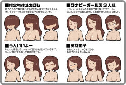 Rule 34 | 6+girls, artist request, bare shoulders, black eyes, blush, blush stickers, breasts, brown hair, collarbone, comparison, completely nude, diagram, embarrassed, closed eyes, faceless, faceless female, flat chest, grin, japanese text, large breasts, long hair, medium breasts, medium hair, mob face, multicolored hair, multiple girls, nude, one eye covered, original, raised eyebrows, short hair, simple background, small breasts, smile, smug, solid circle eyes, solid eyes, solid oval eyes, streaked hair, tagme, teeth, text focus, translation request, variations, white background