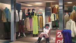Rule 34 | 1girl, 2boys, all fours, arched back, ass, black eyes, black hair, black thighhighs, blue coat, breasts, cellphone, clothes rack, unworn clothes, coat, unworn coat, english text, excessive pubic hair, exhibitionism, from behind, hair ornament, hairclip, highres, indoors, jukkaku komado, long hair, mannequin, medium breasts, multiple boys, naked scarf, nude, on floor, original, phone, pubic hair, public indecency, red scarf, ribs, scarf, shop, sideboob, smartphone, spread legs, thighhighs