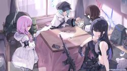 Rule 34 | 4girls, arius squad (blue archive), assault rifle, atsuko (blue archive), backpack, bag, blue archive, card, gun, halo, hat, highres, hiyori (blue archive), holding, holding card, kotatsu, misaki (blue archive), multiple girls, no headwear, official art, playing card, rifle, saori (blue archive), sig 516, table, toshizou (0714), weapon