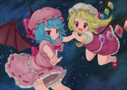 Rule 34 | 2girls, :d, ascot, bad id, bad pixiv id, bat wings, blonde hair, blue hair, bow, child, cloud, female focus, flandre scarlet, flying, hat, hat bow, holding hands, mamepon, multiple girls, night, night sky, open mouth, pointing, red eyes, remilia scarlet, short hair, short sleeves, siblings, side ponytail, sisters, skirt, skirt set, sky, smile, star (sky), starry sky, touhou, wings