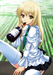 Rule 34 | 1girl, alcohol, blonde hair, bottle, brown eyes, maho (yakimorokoshi), mashuu (masyu), necktie, solo, thighhighs, wine, zettai ryouiki